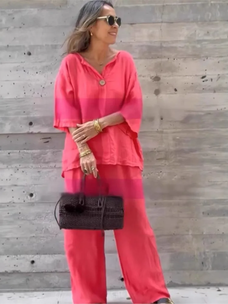 Neue Mode Taste Top + Breite bein Hosen Zwei-stück Sets Frauen Einfarbig 2025, Herbst Beiläufige Lose Hemd hosen Anzug Für Frauen