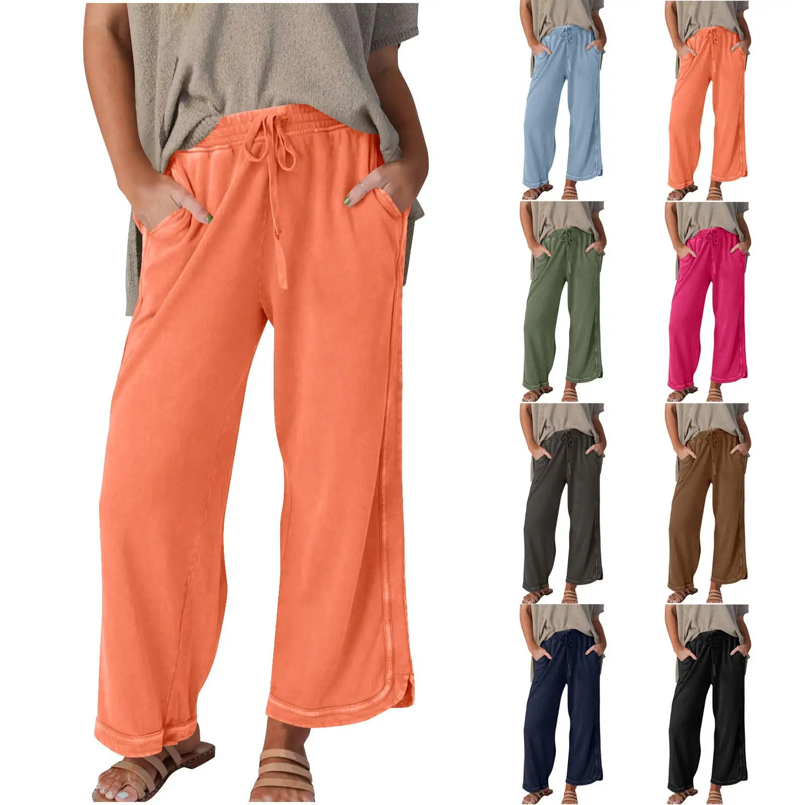 Fashionable Wide Leg Casual Pants Women's Pocket Leisure Trousers 2025 Cross-Border Hot Sale Long Pants Autumn Season