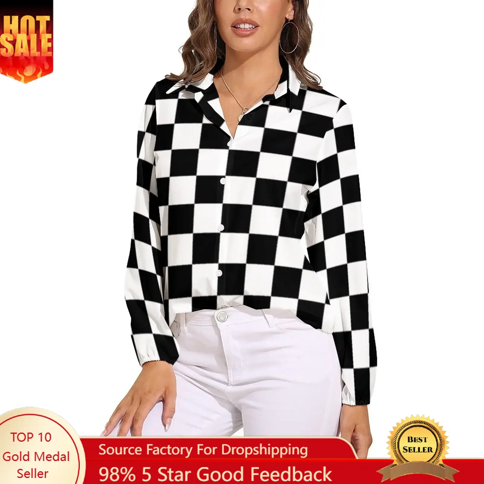 

Black Checkerboard Blouse Classic Black and White Checker Office Print Blouses Women Autumn Oversize Long Sleeve Casual Shirts
