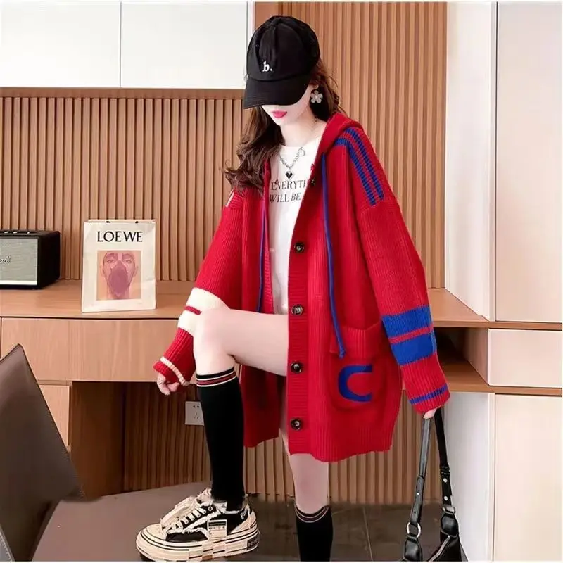 2023 Autumn and Winter Fashion Commuter Loose Relaxed Hooded Knitted Cardigan Thickened Warm Versatile Comfortable Sweater