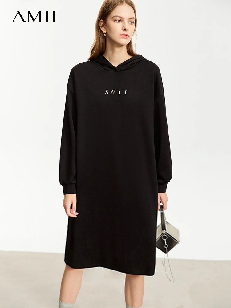 AMII Minimalist Hoodies Dresses For Women 2023 Autumn New Loose Straight Metal Letter Midi Full Length Casual Vestidos 12323159