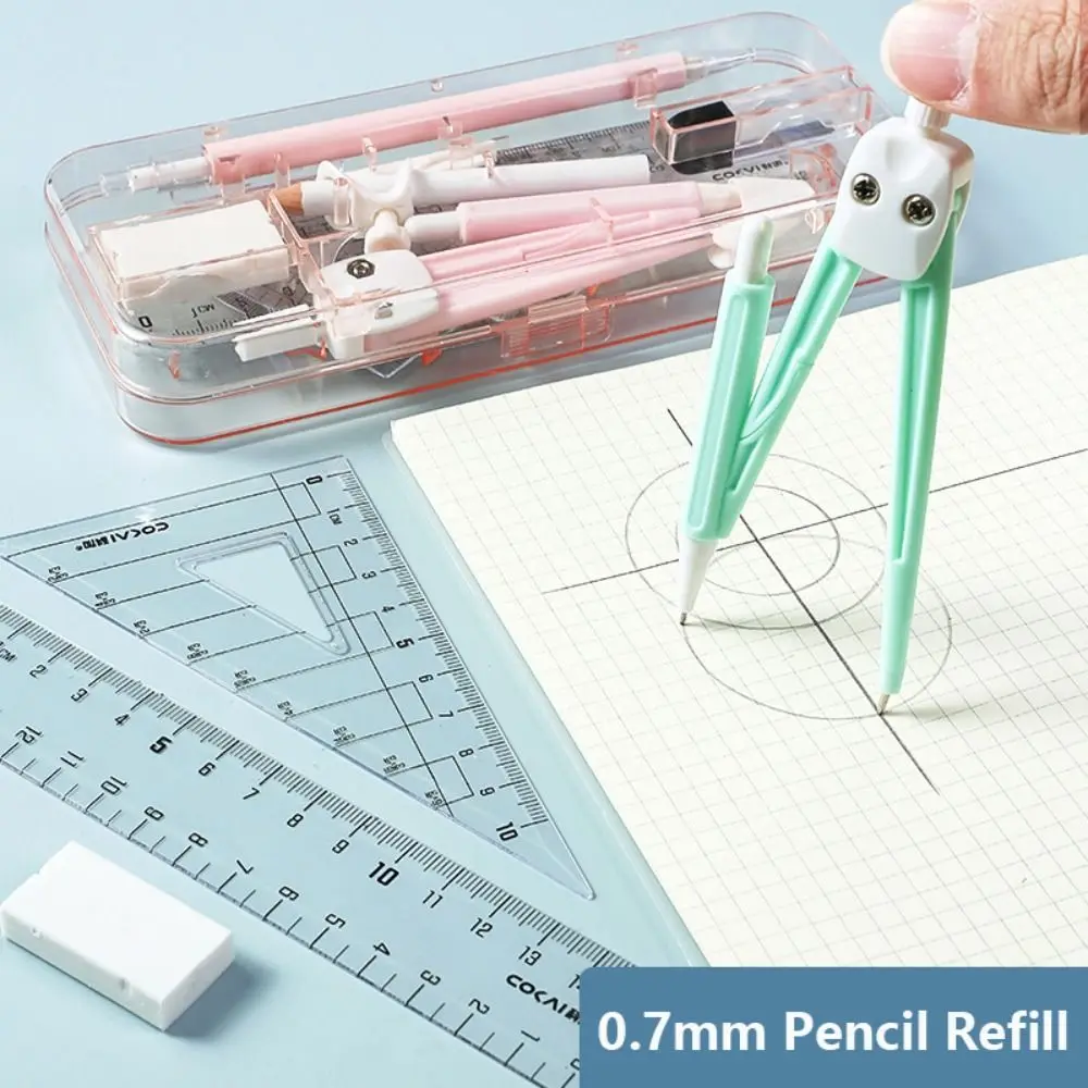 9PCS/Set Transparent Ruler Set Straight Ruler Set Square Pencil Compass Kit Eraser Mechanical Pencil Protractor School Office