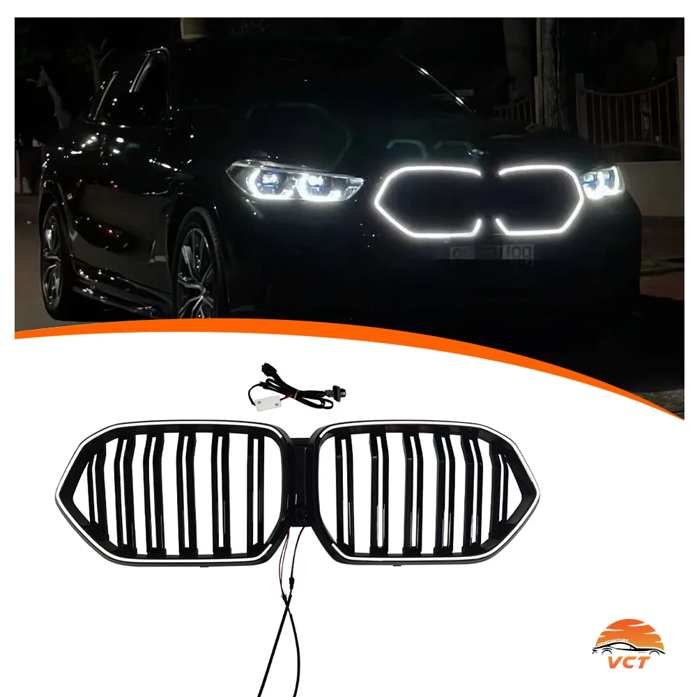 

Car Front Bumper Grill Kidne Glossy Black LED Car Accessories Double Line Front Bumper Grill For BMW X6 G06 2019-2023