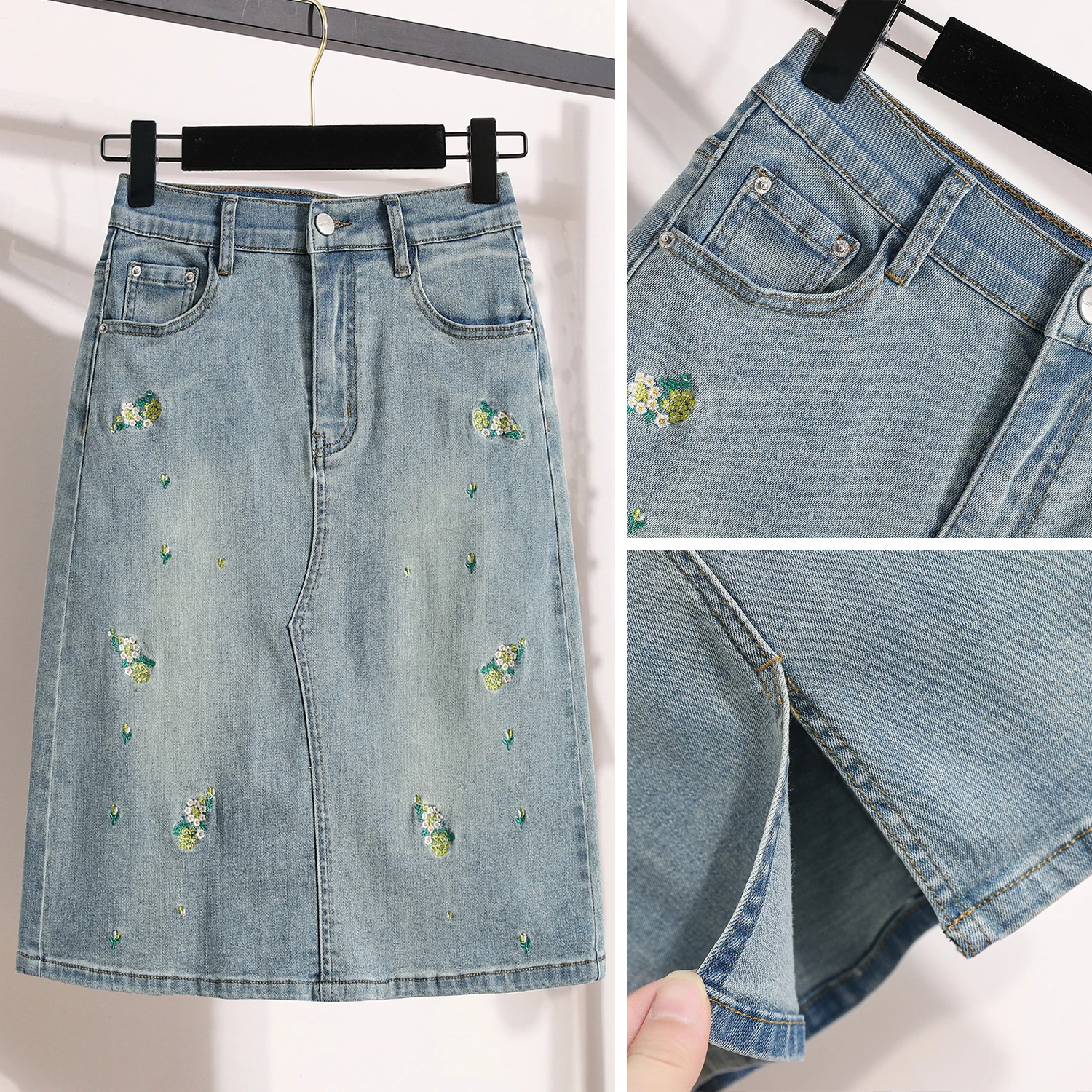 

Summer New plus Size Women's Denim Skirt Five-Quarter High Waist A-Line Midi Skirt Elastic Waist Embroidered Slim Fit Cotton ...
