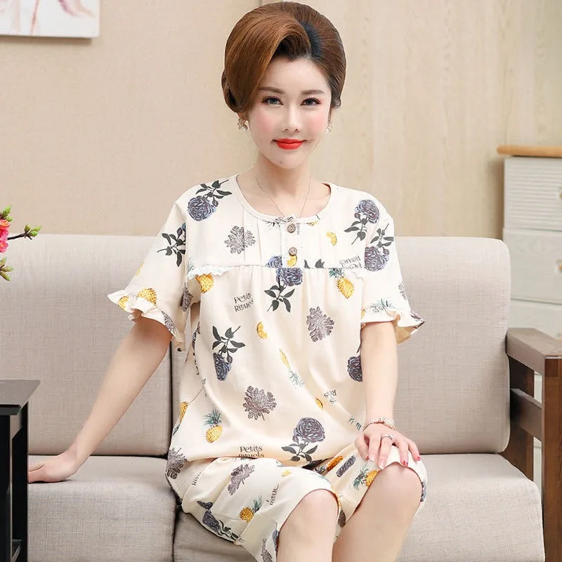 

Middle-age Elderly Mom Pajamas Set Women Summer Short-sleeve Shorts Cotton Sleepwear Suit Cropped Summer Home Clothes Large Size