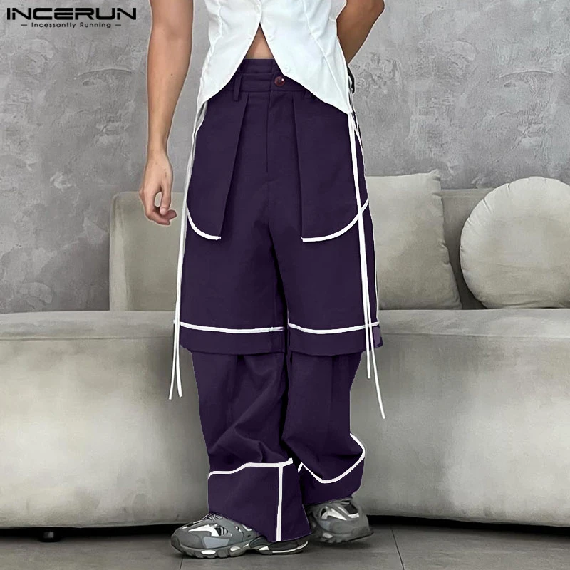 INCERUN Men Pants Patchwork Color-block Joggers Loose Button Casual Trousers Men Streetwear 2025 Fashion Male Long Pants S-5XL