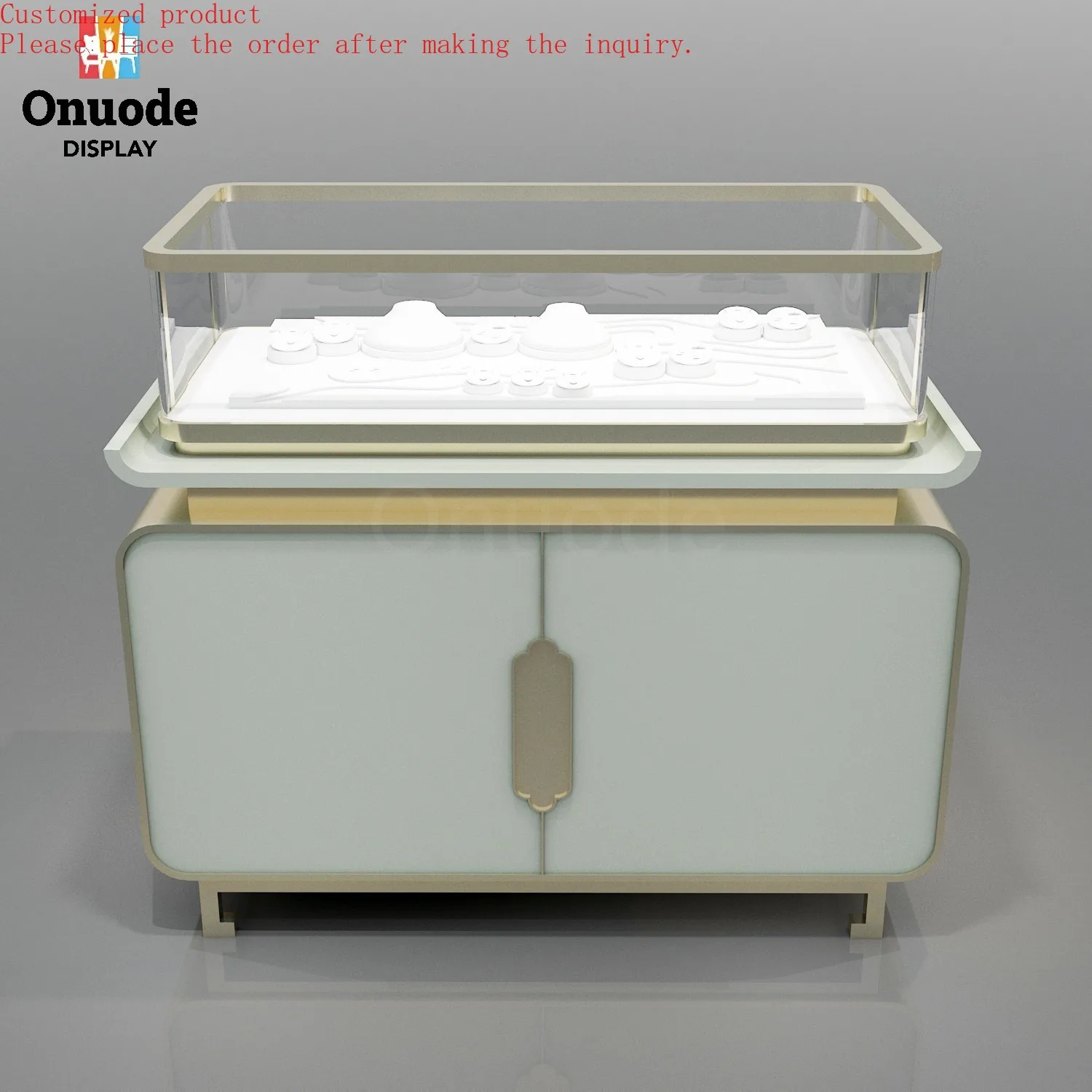 

Custom.Superb Quality Glass Metal Frame Display Cabinet Streamline Retail Store Jewelry Display with LED Light