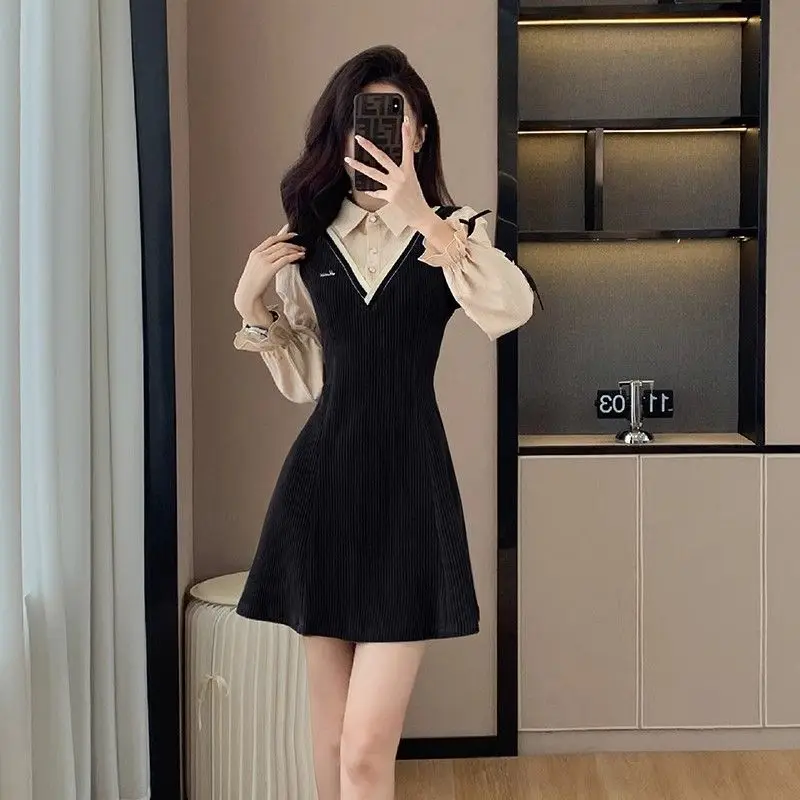 French Style Polo-Neck Mini Dress Female Clothing Fake Two Pieces Patchwork Autumn Basic Long Sleeve Stylish Bow Vintage Dresses