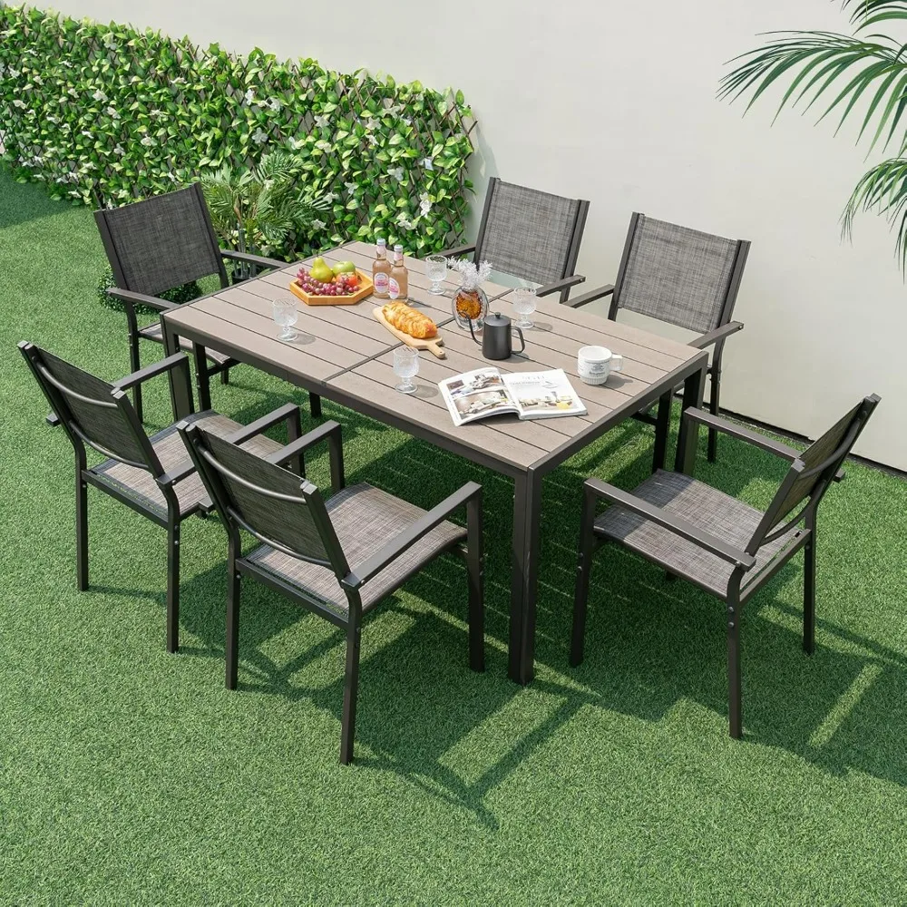 7 Piece Outdoor Dining Set, Patio Furniture Set w/ 6 Stackable Chairs & Large Rectangle Table, Dining Table Set for 6