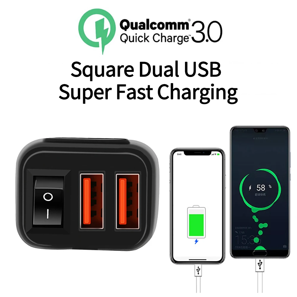 Motorcycle USB Charger Dual Port QC3.0 Fast Charging &Voltmeter&ON/Off Switch Waterproof SAE to USB Adapter for Phone,Tablet,GPS