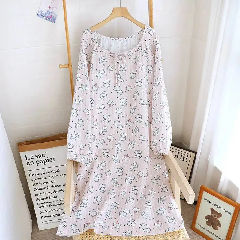 

Весенне-летняя хлопковая ночная рубашка с длинными рукавами для женщин, тонкий пуловер с цифровым принтом, домашняя одежда, милые и свободные ночные рубашки