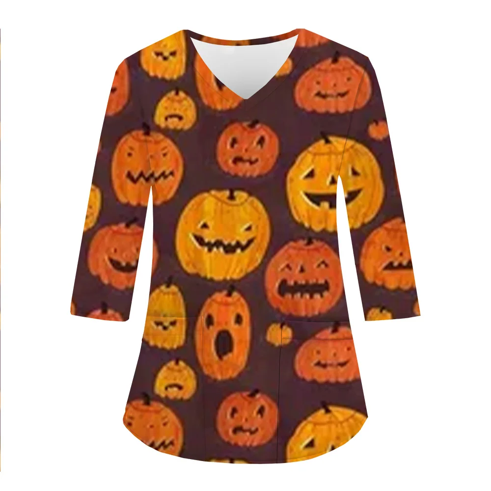 Kobiety Halloween Nadruk Pielęgniarka Uniform 3/4 Rękaw Scrub Uniform V-neck Bluzka Tops Pocket Carers Pielęgnacja zwierząt Odzież robocza Uni medyczna