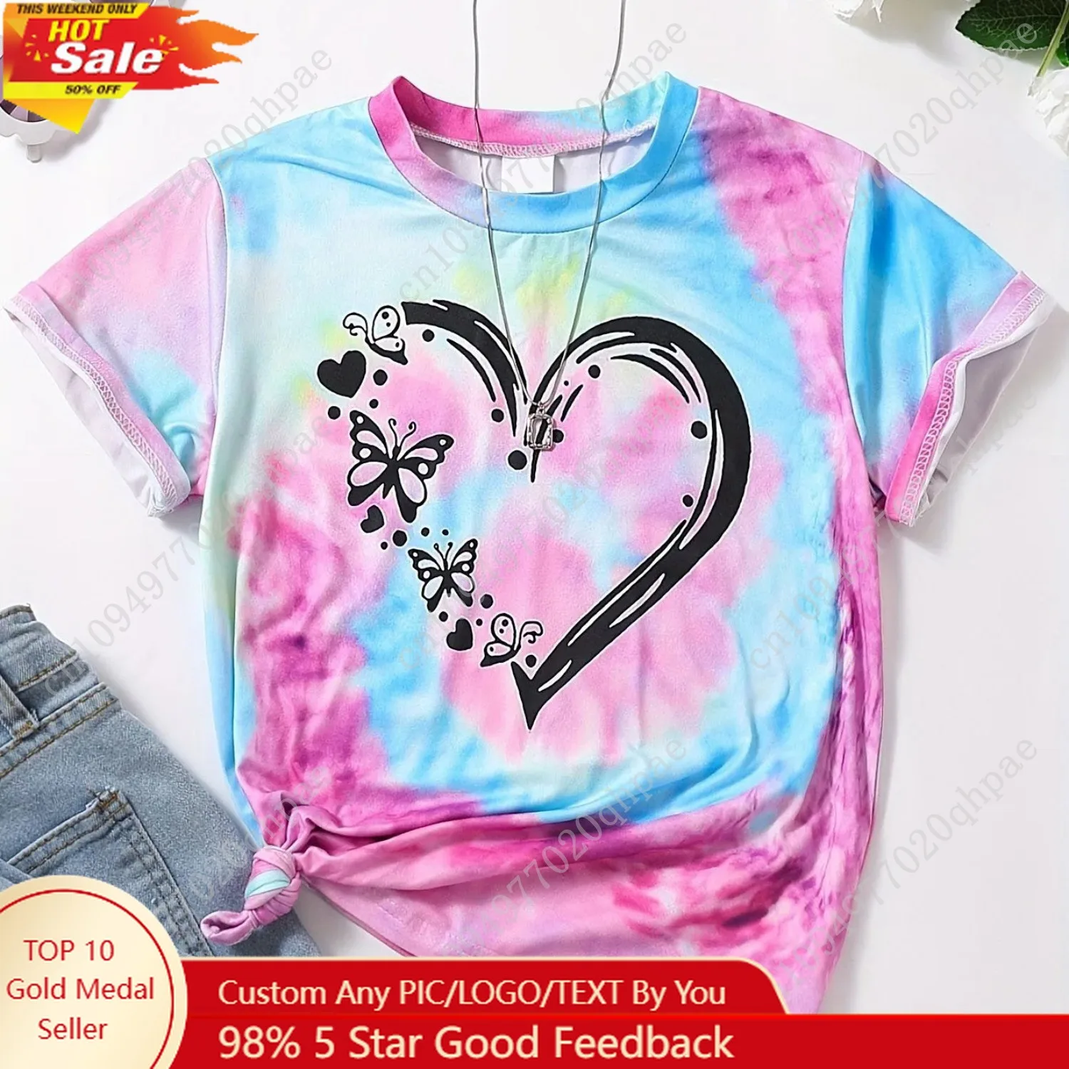 

Girl Clothes Child T-Shirt Short Sleeve Heart Print Tie Dye Girl T-Shirt Top Casual Tees Kids Summer Clothes Children's Clothing