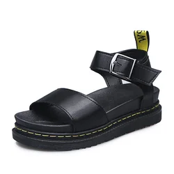 Tornozelo Strap Mulheres Senhora Feminina PU Sandálias Sandálias de sola grossa Fivela Macia Coreano Cor Sólida Verão Praia Sandalias Mujer Size43