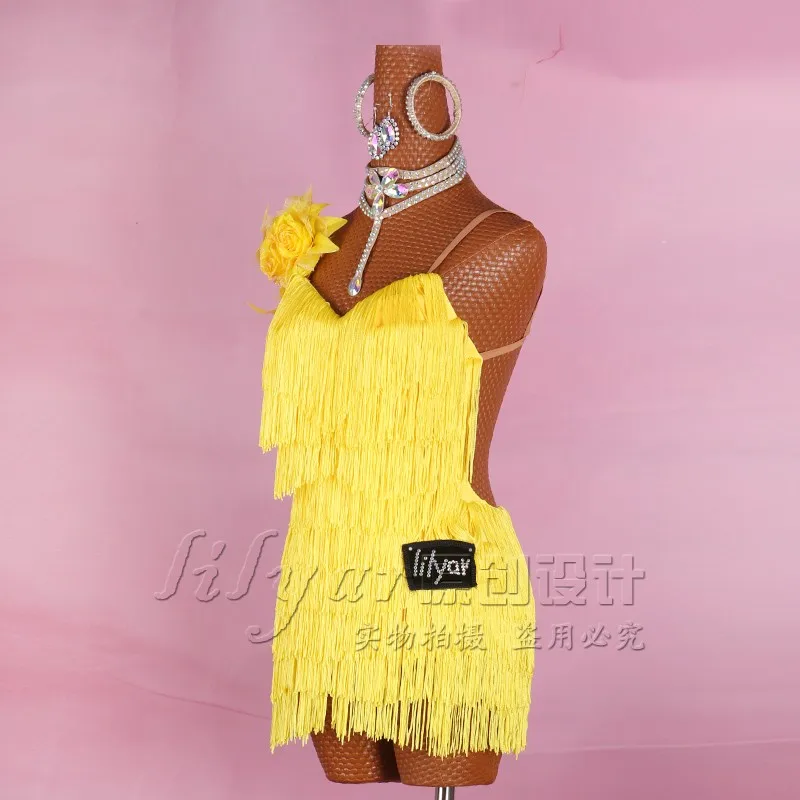 Vestido de baile latino de competición, falda de Salsa, disfraces de Pole Dancing, falda de actuación, borla, personalizado para adultos y niños,