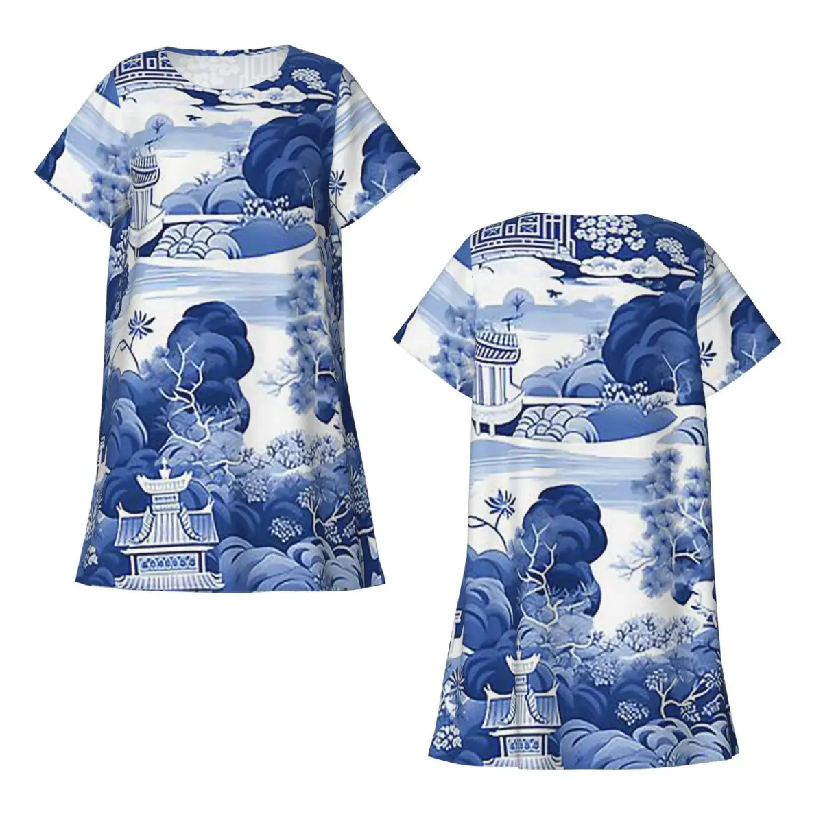 Custom Chinoiserie Pattern Short Sleeves Nightdress For Sleeping Sleepshirts Women Short Sleeve Nightgowns Loose Pajama Dress