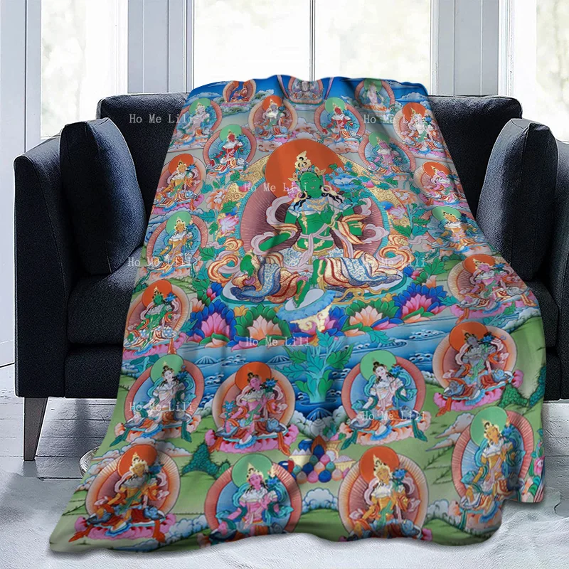 The Twenty-One Gold Body Of The Buddhist Goddess Green Tara.Flannel Suitable For All Seasons Blanket