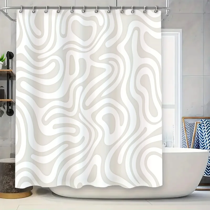 Elegant Minimalist Swirls Design Waterproof Shower Curtain Fabric for Bathroom Enclosure White Beige Home Decor Solution
