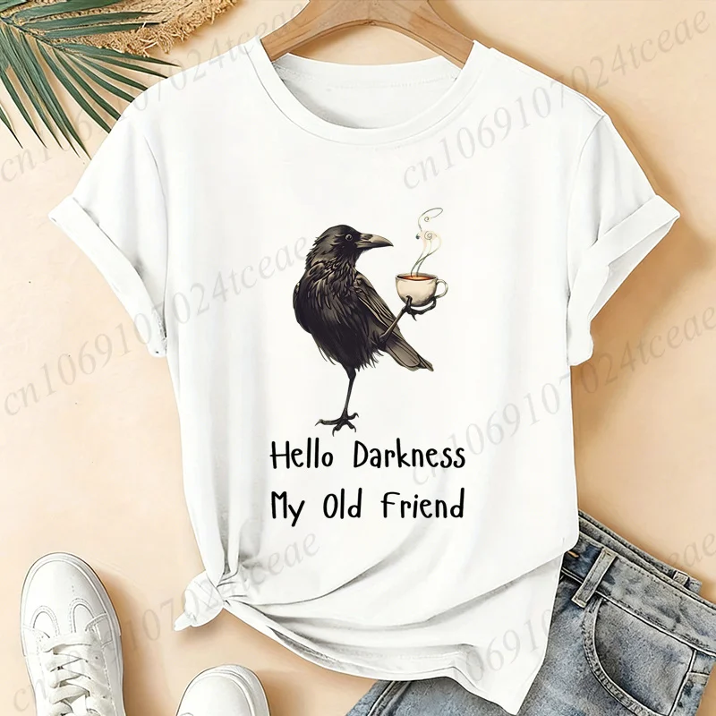 Damen-T-Shirt „Hello Darkness My Old Friend Crow“ mit Kaffeemotiv, Vintage-T-Shirt, Gothic-Raben-Print, kurzärmelig, lässiges Streetwear-Oberteil – Detail 2