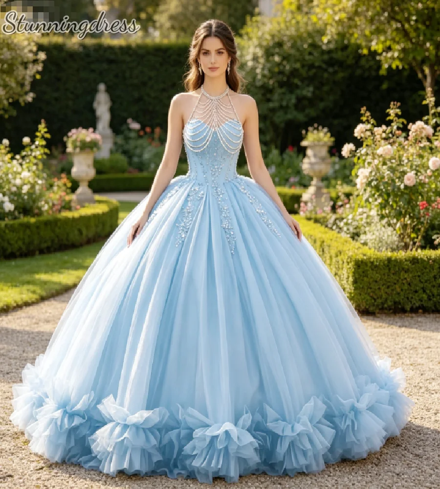 Vestido de 15 Años de Lujo Color Lila, Vestido de Quinceañera con Cuello Halter y Cristales, Vestido de Fiesta para Cumpleaños de 16 Años, Vestido de Gala