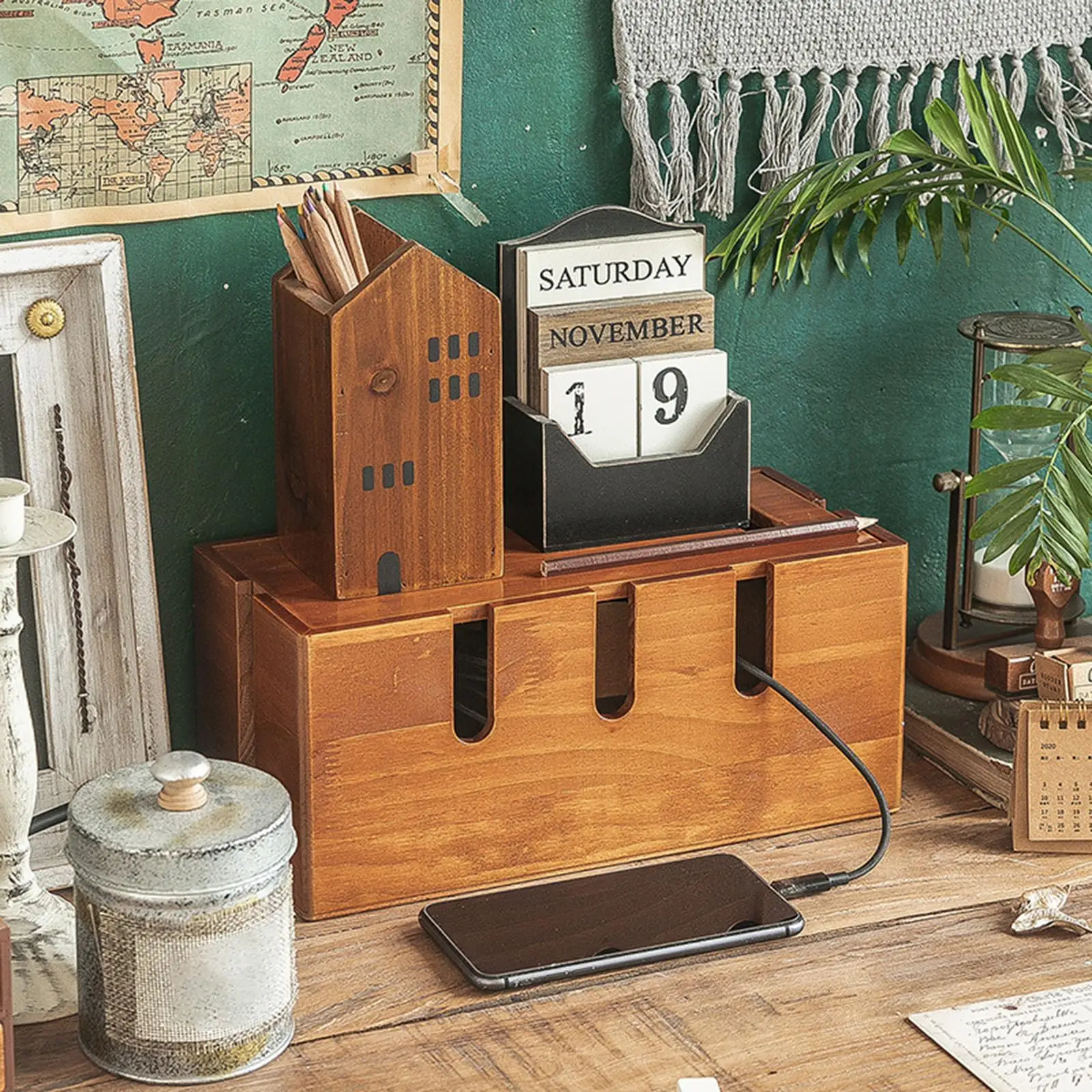 Wooden Cable Management Box Cord Organizer Power Strip Storage Holder for Desk TV Computer Wires