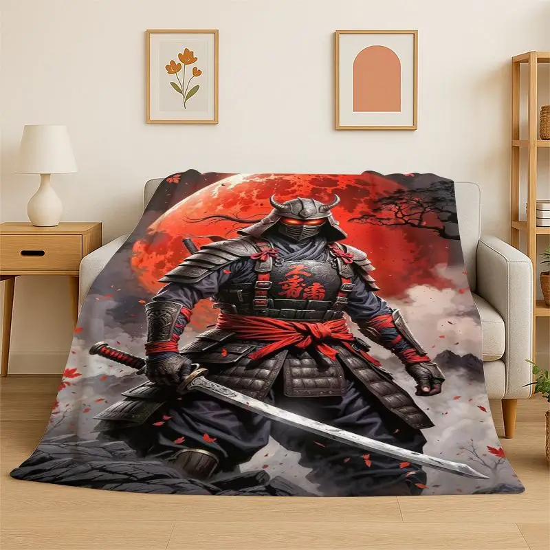 Japan Samurai Art Bushido Katana Cartoon Flannel Blanket Soft Throw Blanket for Bedroom Living Room Bed Travel Camping Nap Gift