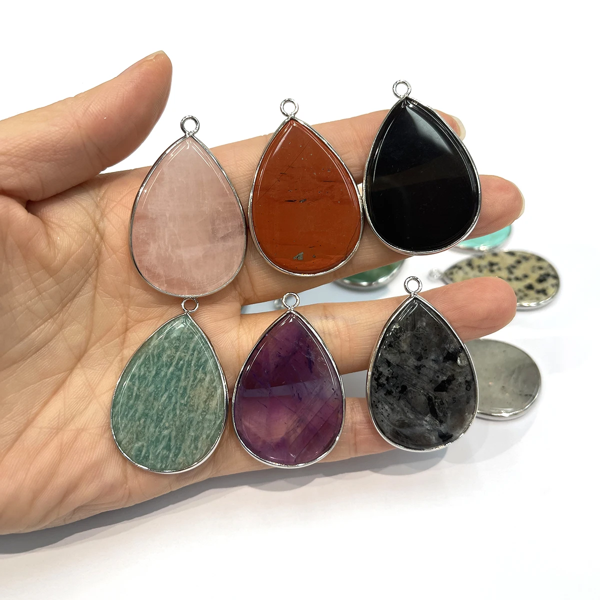 1pc Mixed Natural Stone Teardrop Pendant 26x41mm Silver Color Bezel Single Bail Charm for Handmade Necklace DIY Jewelry Craft
