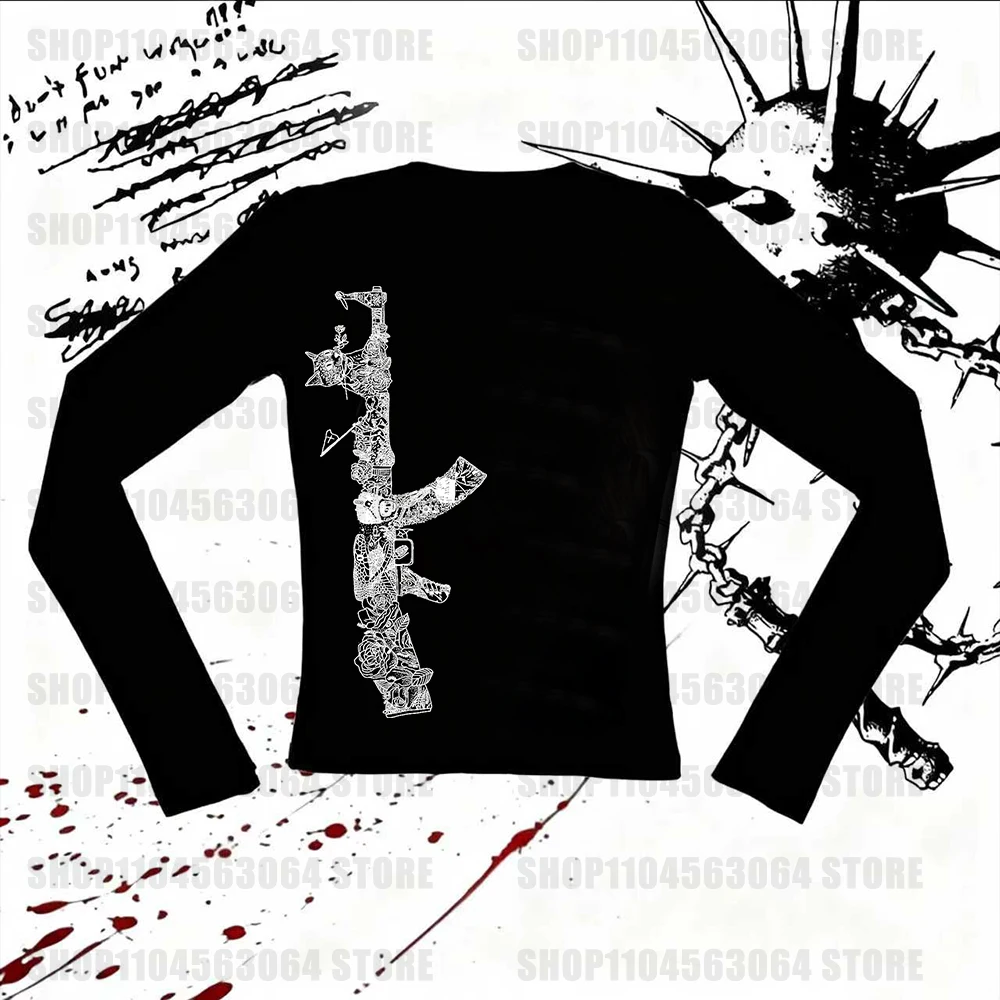 Y2K Harajuku retro street style gothic punk printed women's long sleeved T-shirt casual slim fit sexy fashionable decadent girl'