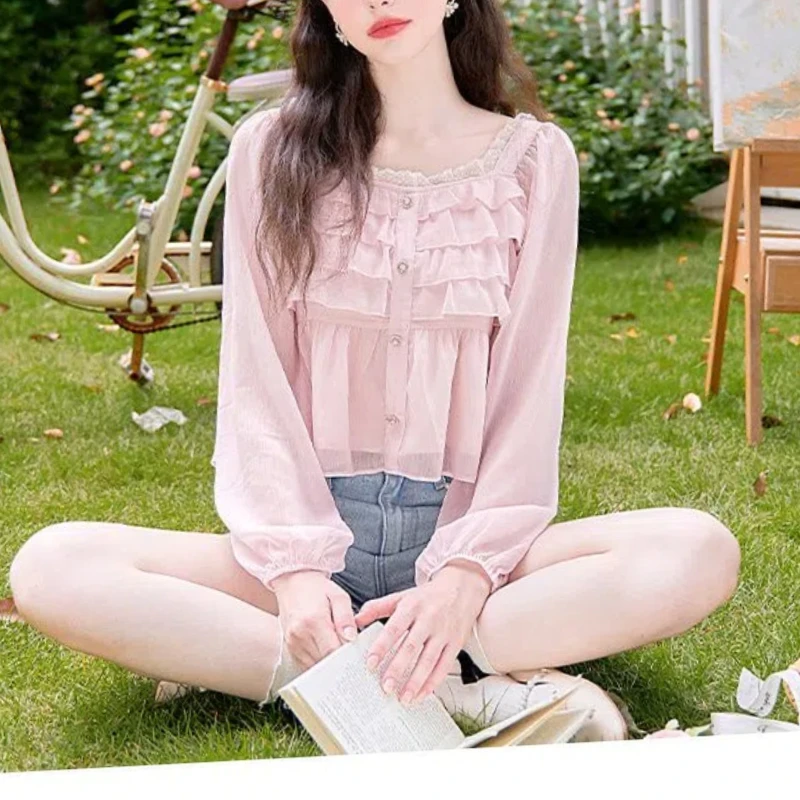 

Sweet Chic Fashion Autumn New Chiffon Shirts Women Clothing Solid Square Collar Lace Button Temperament Loose Long Sleeve Tops