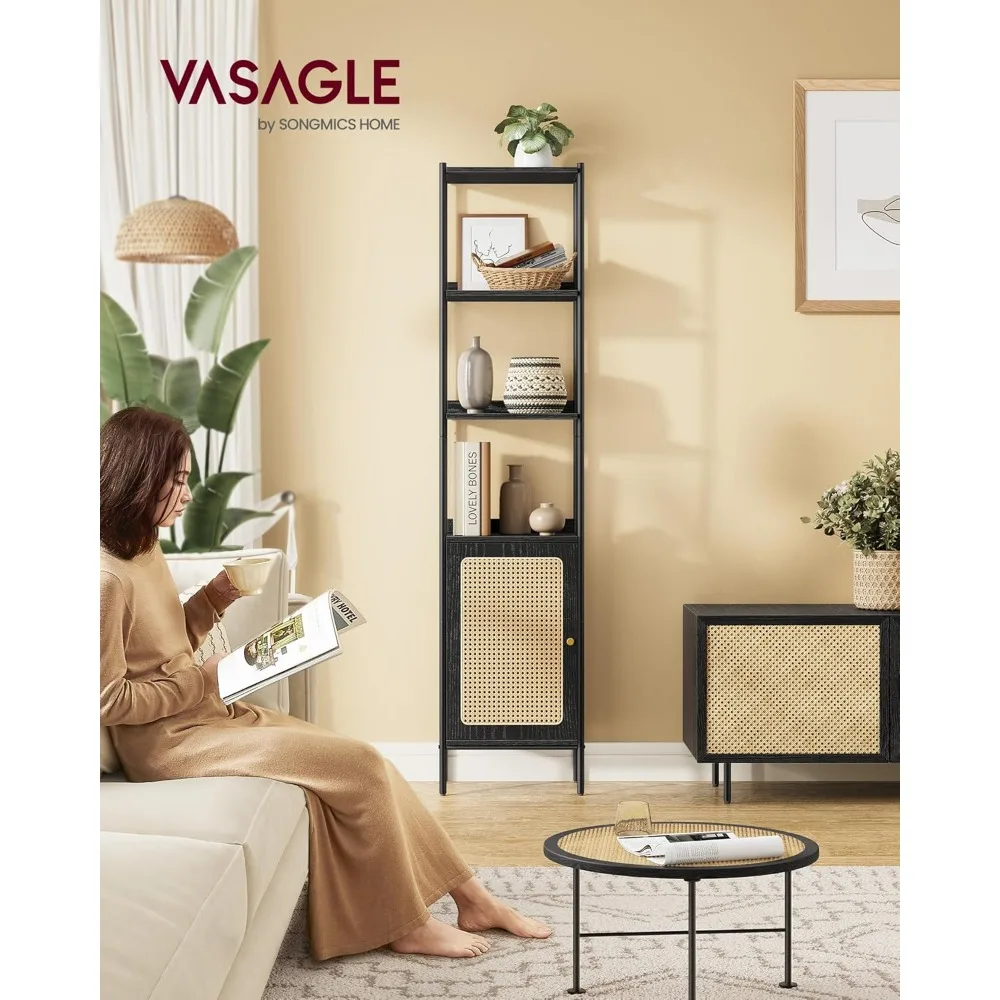 Bookshelf with Rattan-Like Door, Boho Style, Freestanding 15.7-Inch Wide Storage Shelf, Metal Frame, Adjustable Shelf