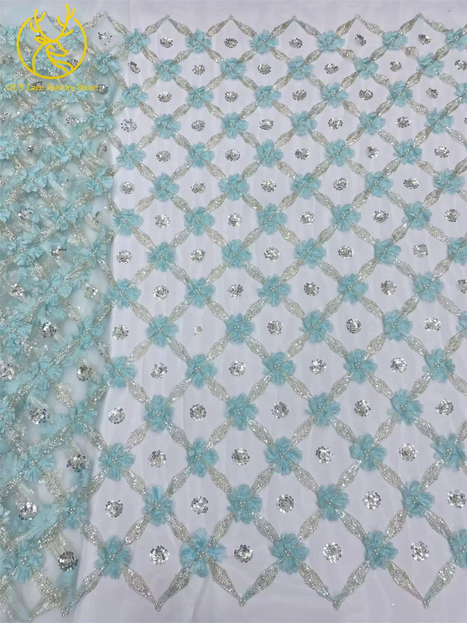 Eleganter, modischer nigerianischer 3D-Tüll-Pailletten-Spitzenstoff, hochwertiger afrikanischer Perlen-Spitzenstoff zum Nähen von Hochzeitskleidern, 5 Yards – Detail 5