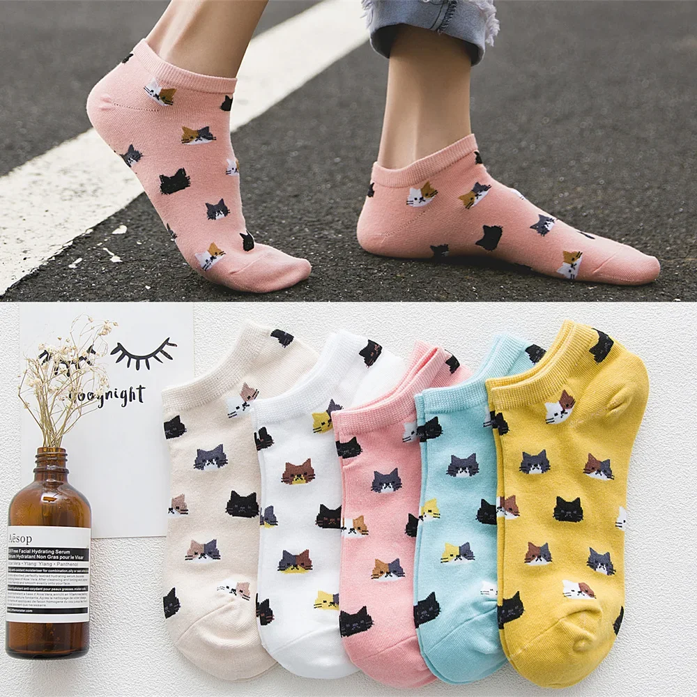 

1 Pairs Casual Cotton Women Socks Ankle Lot Cartoon Cute Bear Cat Print Low Cut Fashion Sports Animal Heart Kawaii Slippers Set