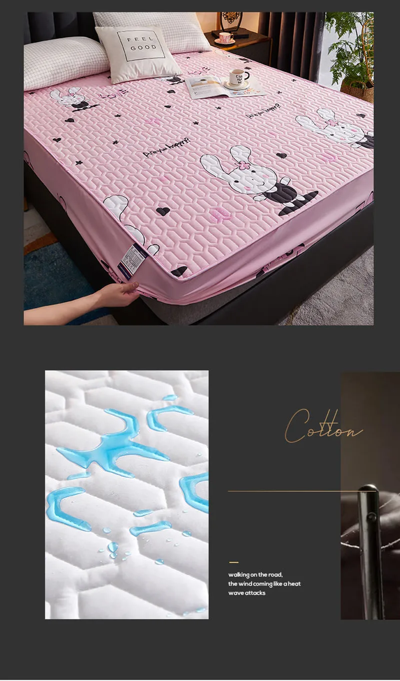 Cartoon Quilting Waterproof Fitted Sheet Cute Printed Padded Mattress Protector Skin-Friendly Non-Slip Mat with Elastic Band