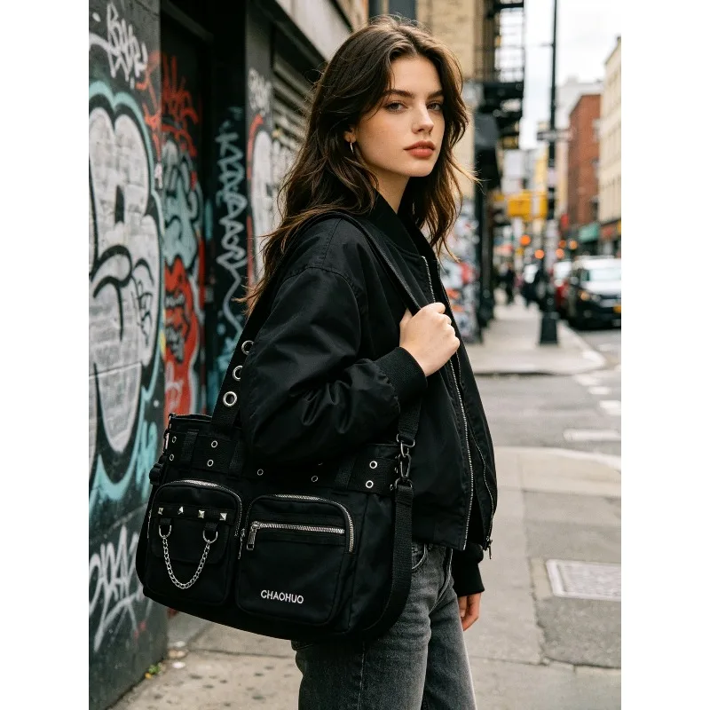 Women Trendy Rivet Punk Canvas Bag Big Capacity Portable Handbag Casual Commute Shopping Shoulder Tote Bag