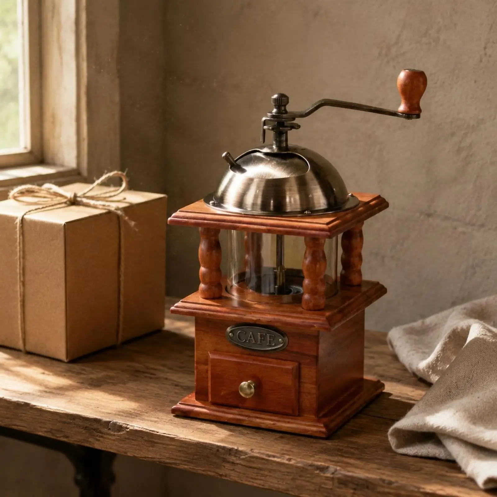 Wooden Coffee Grinder Hand Mill with Visible Bean Storage and Front Drawer for Ground Coffee Collection Ideal Gift