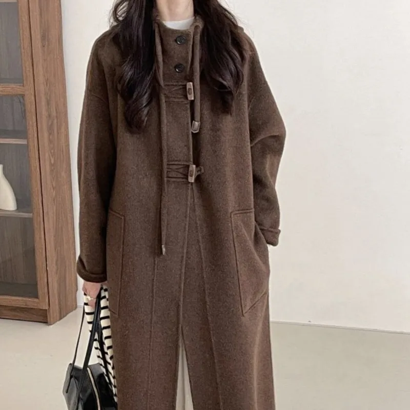 

2026 Autumn Winter Cashmere Coat Woolen Overcoat College Style Hooded Wool Coat Women