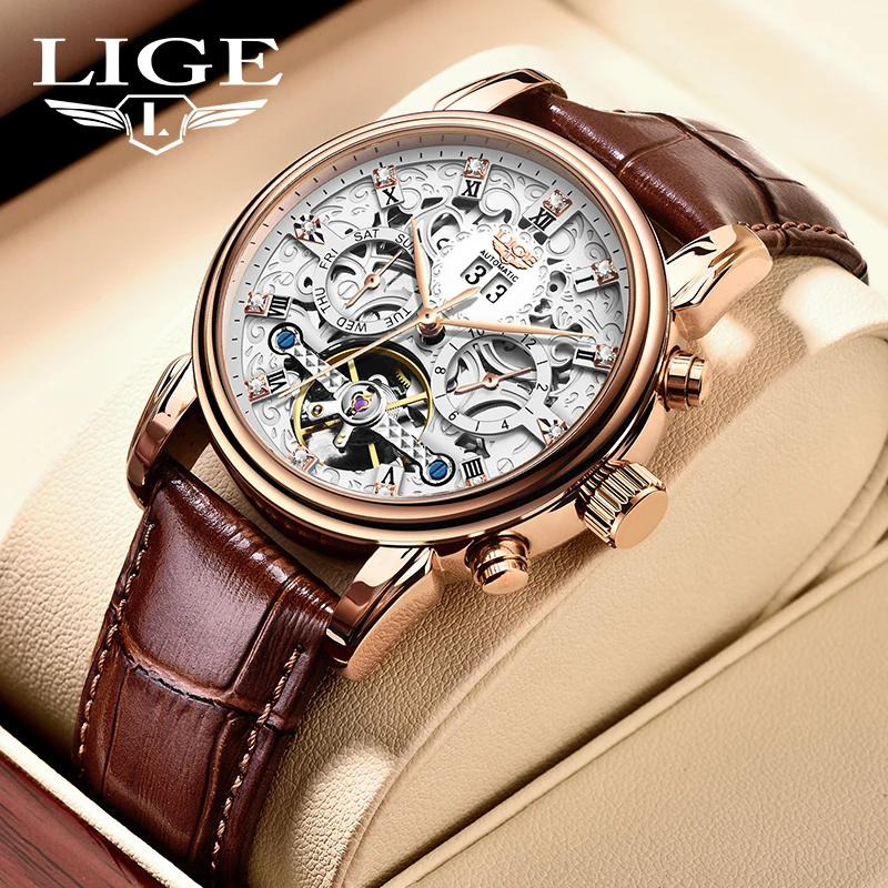 LIGE Top Brand Luxury Skeleton Design Man Watch Mechanical Men\'s Watches Auto Date Business Leather Waterproof Gifts Male Clocks