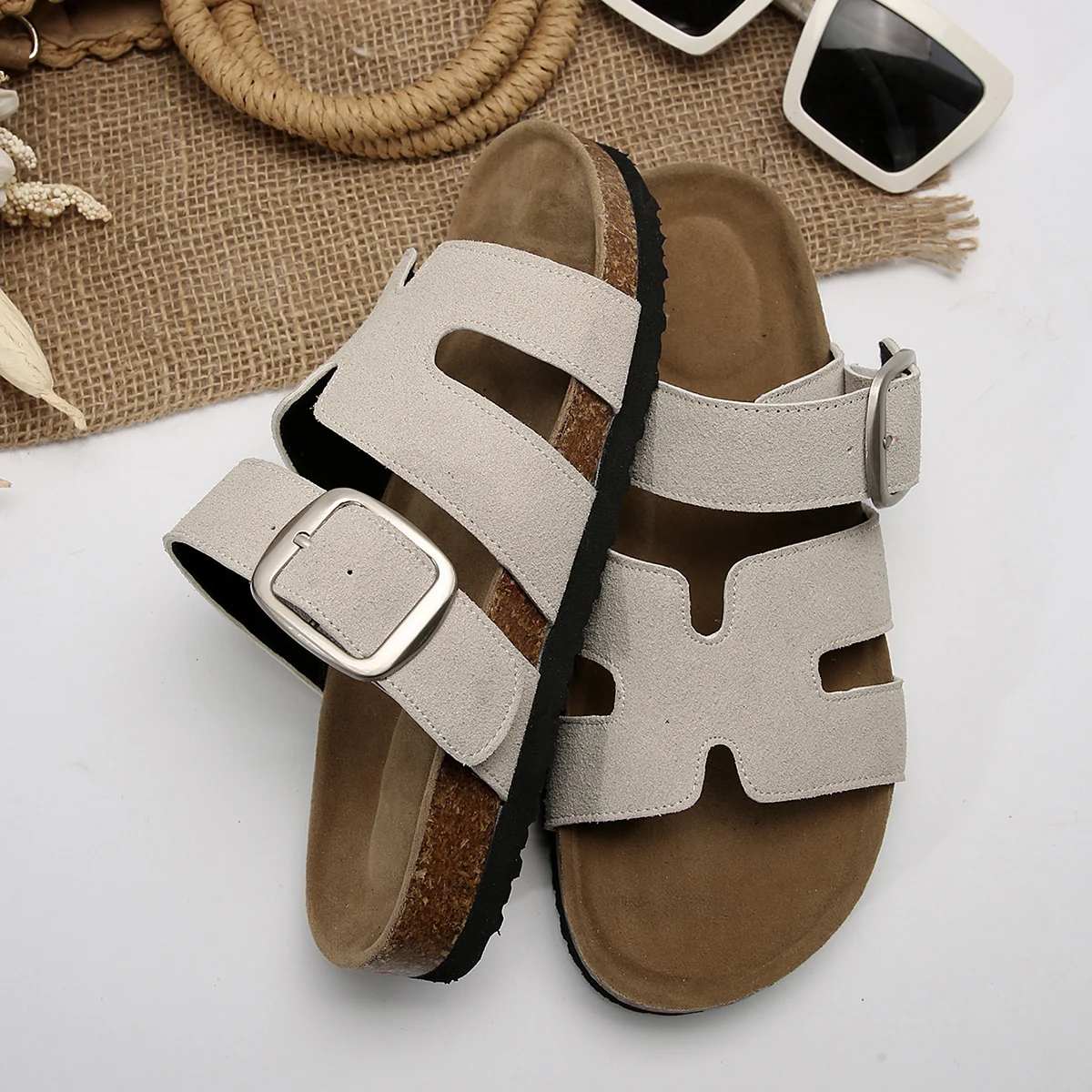 Sommermode Wildleder Hausschuhe mit Fußgewölbeunterstützung Outdoor klassische verstellbare Schnalle Strandrutsche Damen Kork Clogs Sandalen – Detail 10