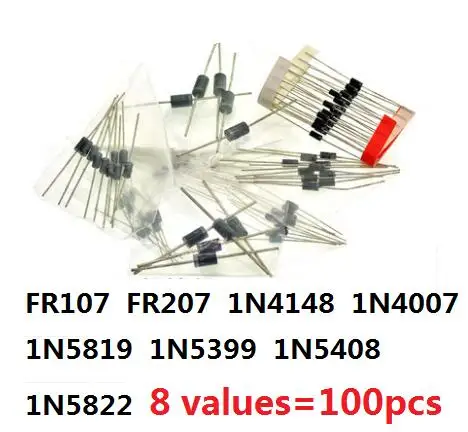 1N4148 1N4007 1N5819 1N5399 1N5408 1N5822 FR107 FR207,8values=100pcs,Electronic Components Package,Diode Assorted Kit