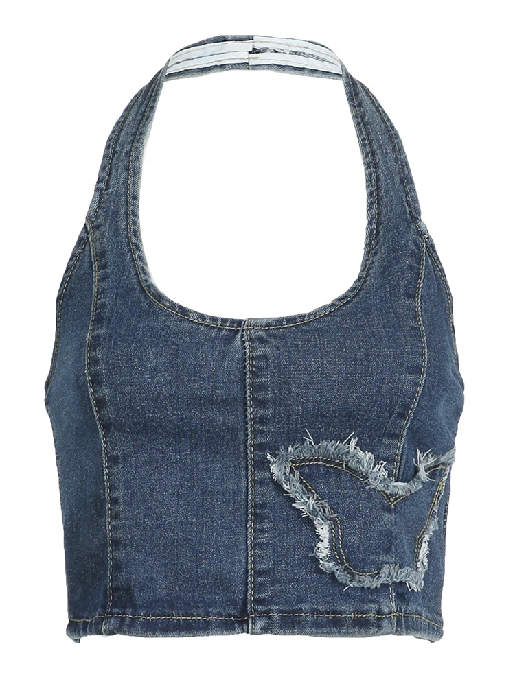 Weewep Vintage y2k Halter Denim Vest Retro Streetwear senza maniche a forma di farfalla Patchwork canotta 2000s estetica Ladies Tee