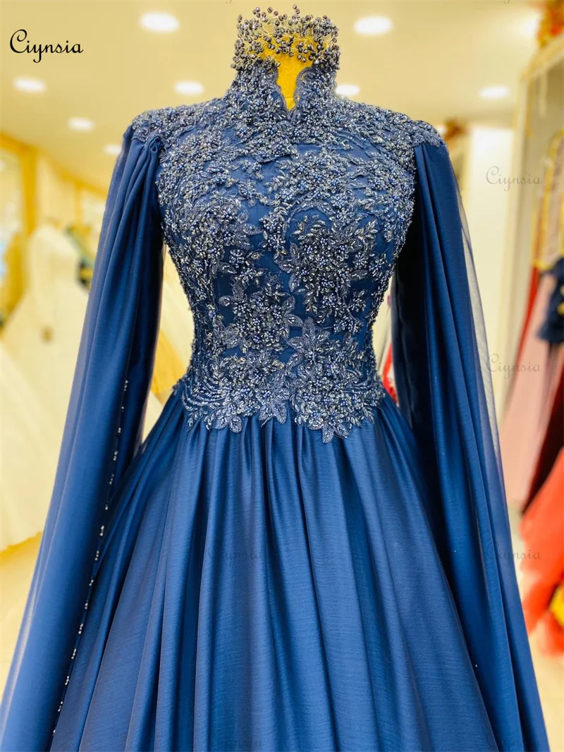 Ciynsia Royal Blue Formal Dress A-Line Robe De Soirée De Mariage Lace Beads Muslim Hijab Evening Gowns Long Sleeves Prom Dresses