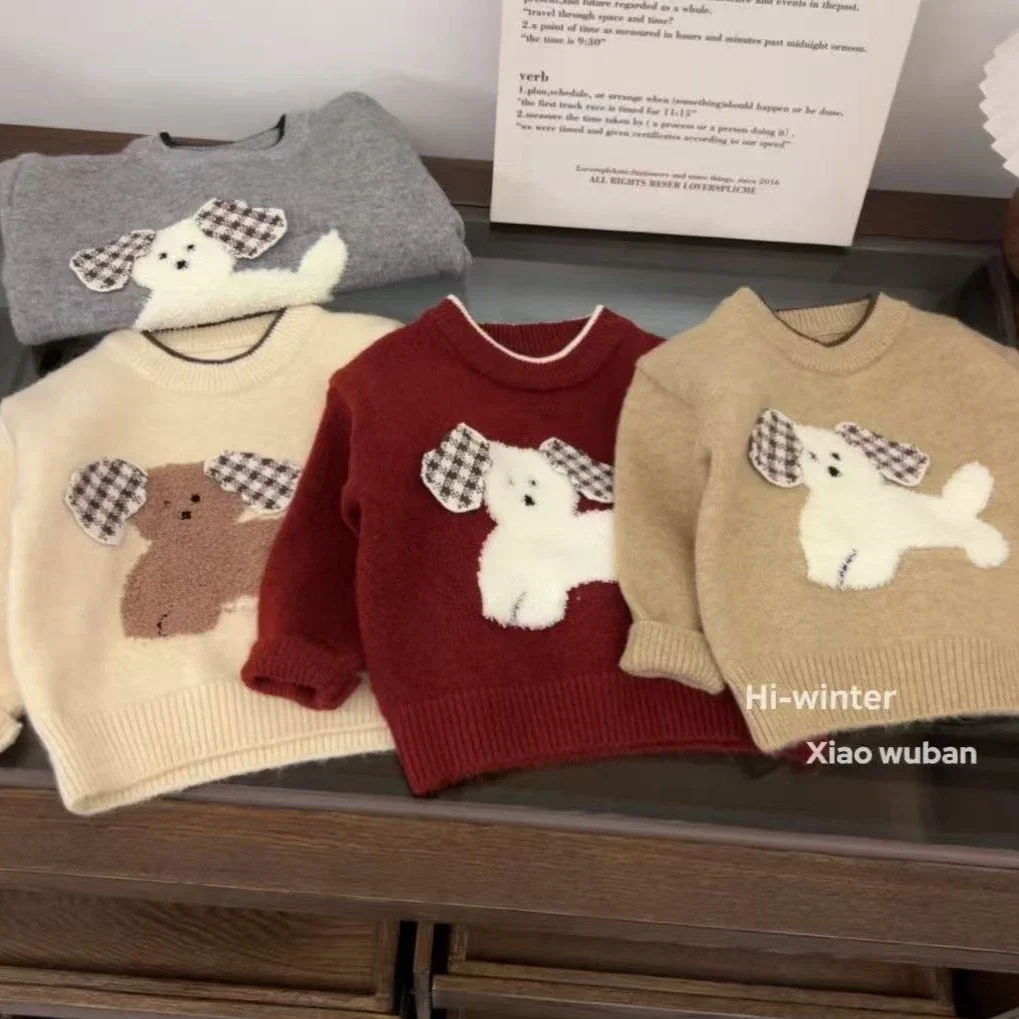 

Детский свитер для девочек, осень-зима 2025, новая коллекция, в корейском стиле, с мультяшным рисунком собаки, однотонный, вязаный пуловер