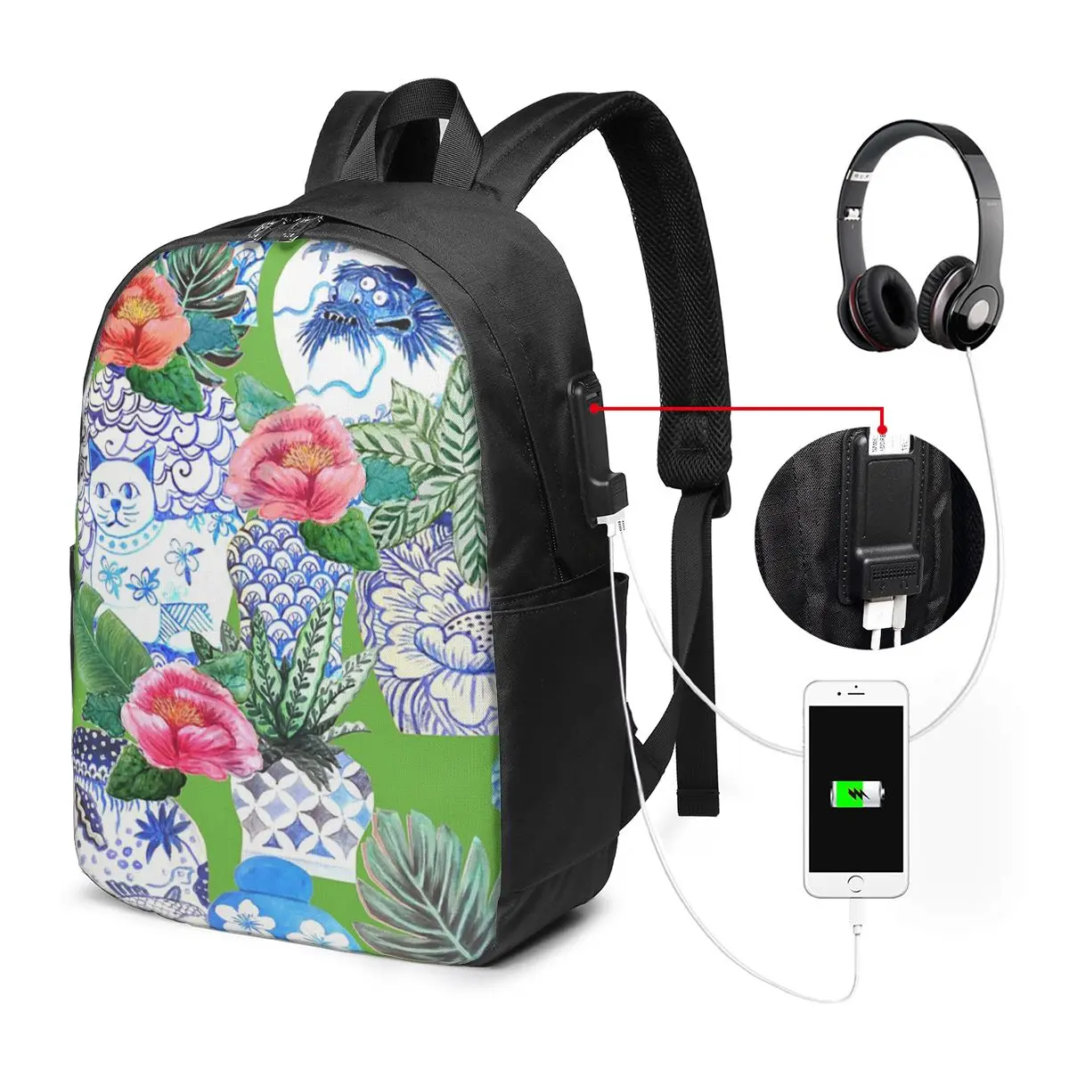 

Emerald Green Chinoiserie Backpack Travel Notebook Bag Computer College Student School Bag Laptop Shoulder Bags for Men Women