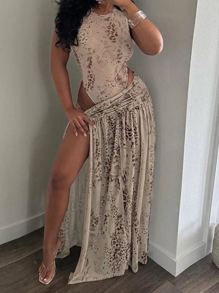 

Foamlina Sexy Floral Print Sleeveless Bodysuit&High Slit Maxi Skirt Matching Set Women Summer 2 Piece Beach Party Club Outfits
