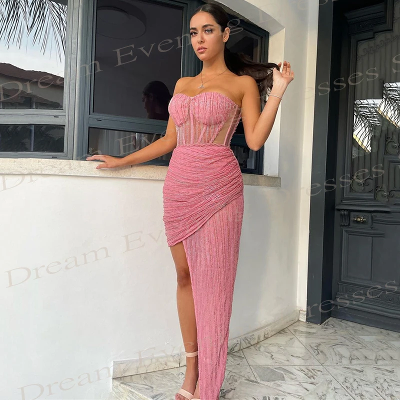 Glanzend Roze Zeemeermin Moderne Avondjurken Sexy Strapless Mouwloze Galajurken Met Hoge Split Custom Voor Vrouwen Robe De Soiree