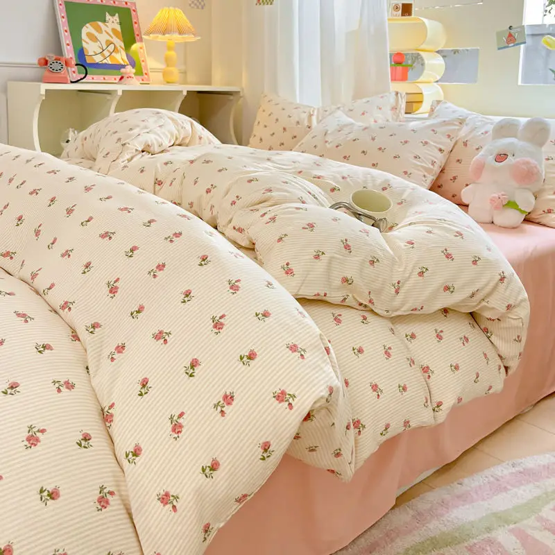 Romantic Pink Flower Bedding Set Washed Cotton Bed Sheet Pillowcase Twin Full Queen Bedspread Girls Floral Duvet Cover No Filler