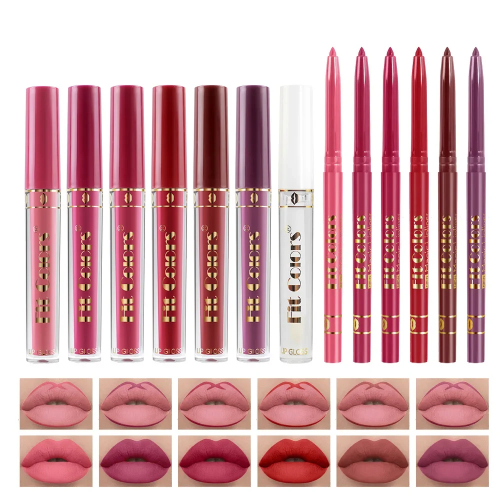 Fit Colors Lips Makeup Set Sexy Lip Gloss&Magic Lip Liner Set Matte Non-Sticky Long Lasting Waterproof Non-Stick Cup Lip Glaze