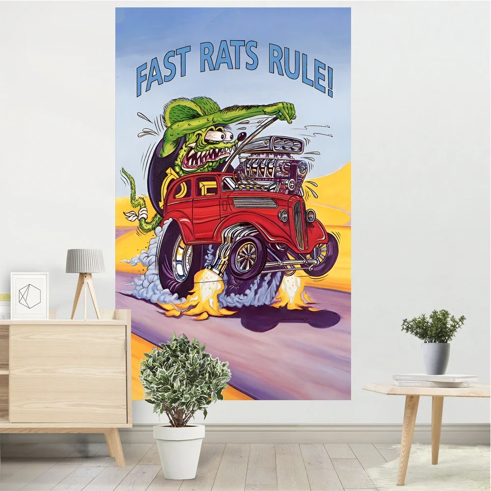 Rat Fink Hot Rods My Garage Vintage Tapestry Polyester Printed Home or Outdoor Decoration Banner