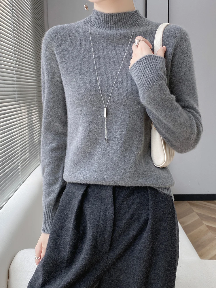 

Autumn Winter Women's Mock Neck Basic Wool Pullover Casual Cashmere Sweater 100% Merino Wool Knitwear Clothes Solid Warm Tops