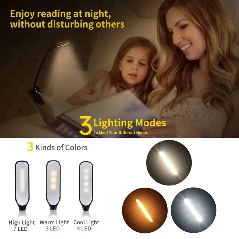 USB Rechargeable Clip LED Reading Lamp 3 Temperature Modes Adjustable Soft Gooseneck For Book Bed Desk Travel Lighting Tool